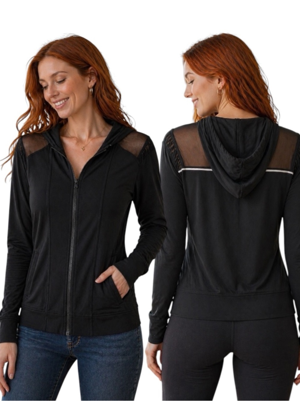 AEO Black Athletic Zip Hoodie Mesh Shoulder Panels Lightweight Activewear Jacket